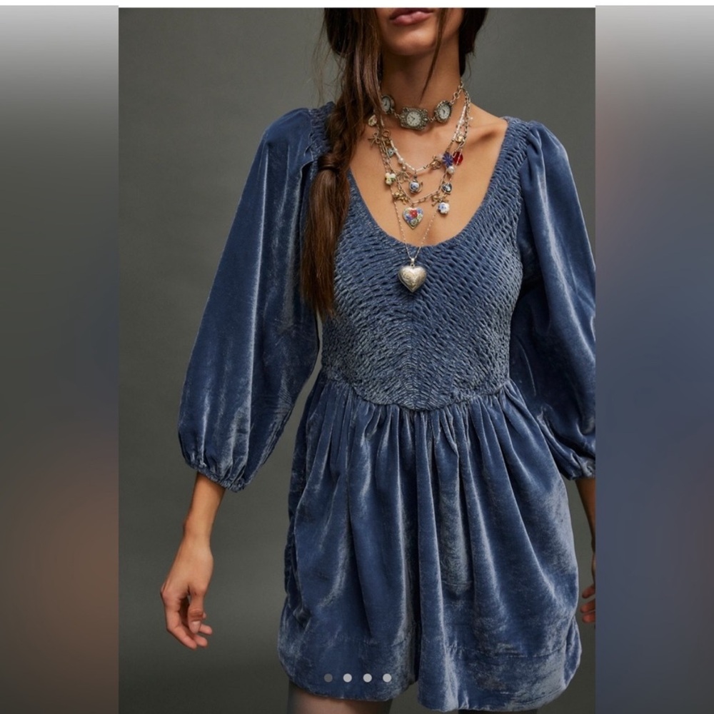 NWT Free People Farrier Harbour Blue Velvet Smocked Puff Sleeve Dress